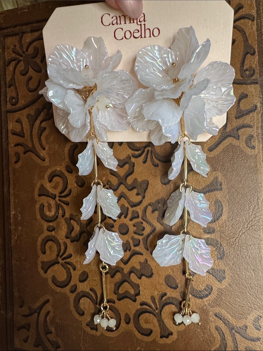 Camila Coelho Iridescent White Floral Dangle Earrings